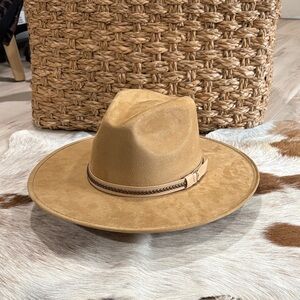ASN Faux Suede Wide-Brim Fedora Hat in Camel